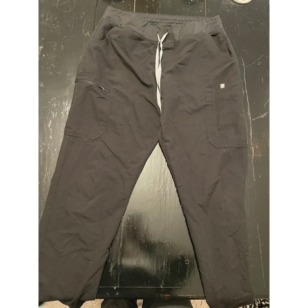 FIGS Technical Collection Black Scrub Pants L T Cargo Pockets Drawstring Waist